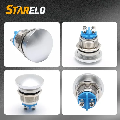 Vista 3 de STARELO Interruptor de botón momentáneo de 0.79 pulgadas, cabeza de hongo de metal de acero inoxidable IP65, resistente al agua, 2 pines, SPST, 1NO
