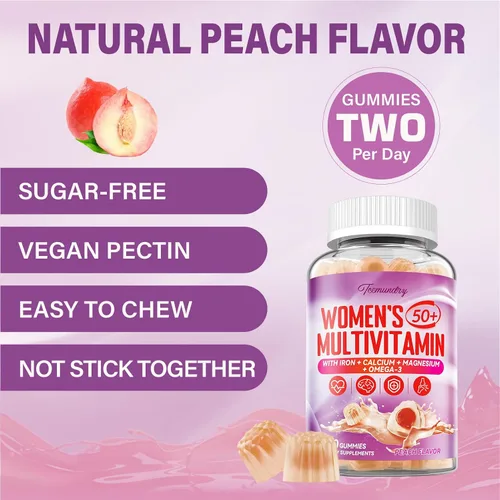 Vista 6 de Gomitas multivitamínicas para mujeres 50 Plus – con Omega 3, coenzima Q10, hierro, calcio, zinc, vitamina A, C, D3, E, K2, complejo B, folato