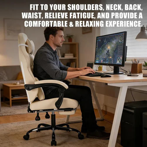 Vista 9 de Silla de juegos con reposapiés y soporte lumbar de masaje, silla ergonómica para videojuegos, sillas de videojuegos de oficina con altura y respaldo