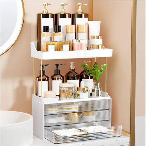 Vista 11 de StorBin Organizador de maquillaje de 3 cajones grandes, organizador de encimera de baño de 5 niveles y almacenamiento, organizador versátil