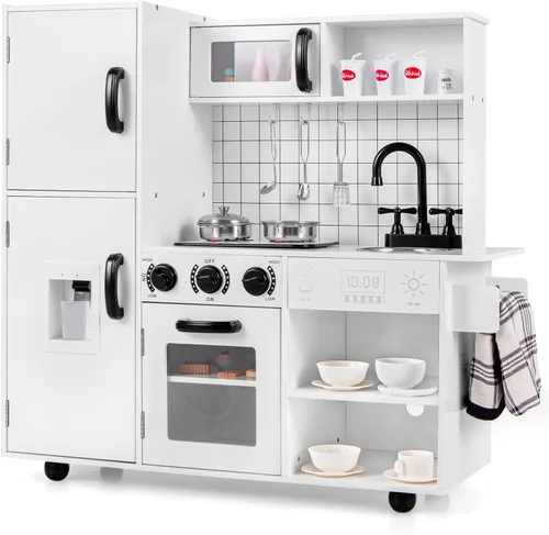 Vista 10 de INFANS Juego de cocina para niños, juego de cocina de madera con luz y sonido realistas, estufa, fregadero, microondas, armario de almacenamiento