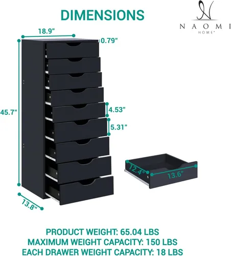 Vista 2 de Naomi Home Bianca - Cómoda alta y estrecha de 9 cajones, gabinete de almacenamiento compacto de 13.8 pulgadas de ancho negro con cajones