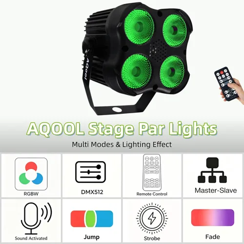 Vista 4 de AQOOL Stage Par Lights, RGBW 4-in-1 LED Par Light Stage Lights DMX Sonido activado, control remoto, múltiples modos, iluminación estroboscópica