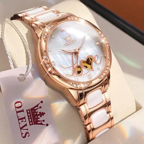Vista 3 de OLEVS Relojes automáticos para mujer de cuerda automática vestido de lujo de oro rosa diamante blanco cerámica para mujer reloj de pulsera con fecha