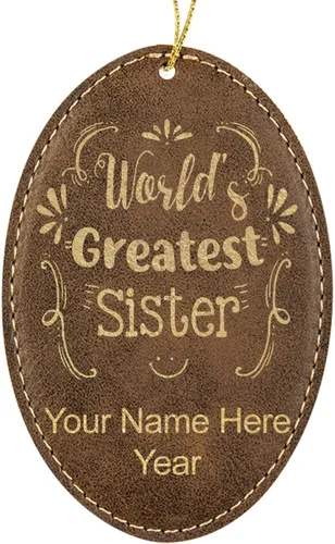 Vista 9 de LaserGram Personalized Christmas Ornament, World's Greatest Sister, Faux Leather, Custom Laser Engraved Gift Idea (Oval Shape, Black with Gold)