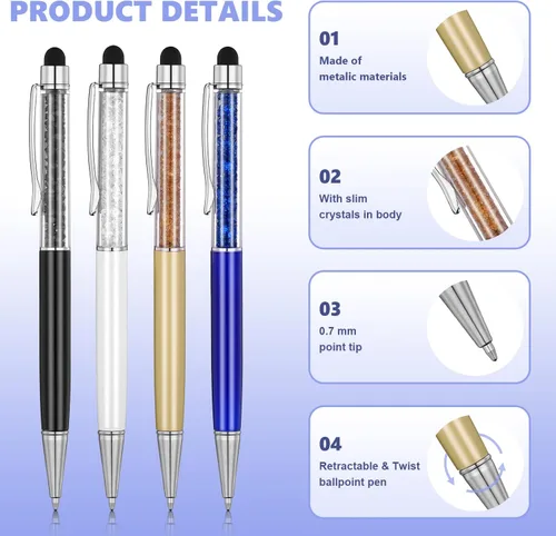 Vista 4 de MengRan Lindos bolígrafos con punta de lápiz capacitivo, bolígrafos de tinta negra 2 en 1 y bolígrafos de cristal delgado para pantallas táctiles
