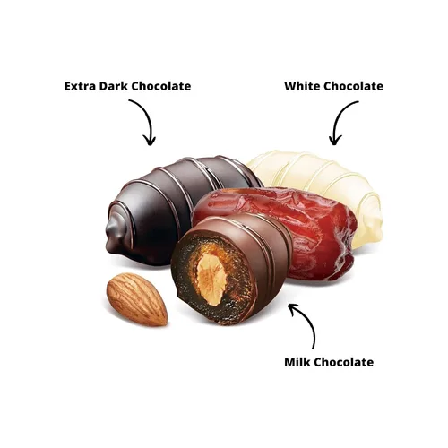 Vista 3 de Kitchen & Love Surtido de dátiles rellenos de almendras cubiertas de chocolate en una práctica bolsa resellable, 8 piezas envueltas individualmente