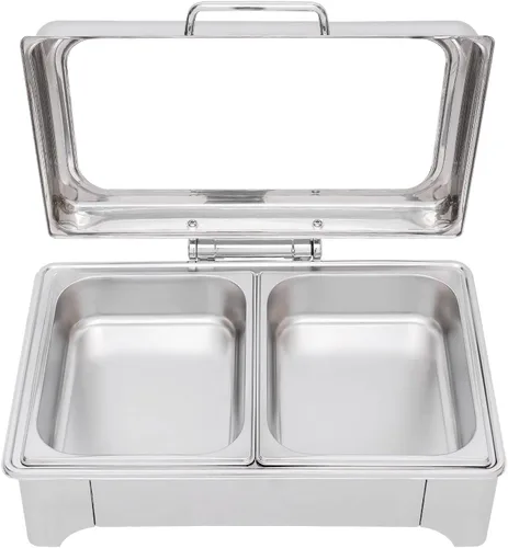 Vista 6 de Plato eléctrico de chef con tapa enrollable, calentadores de bufé de acero inoxidable con temperatura ajustable, calentador de alimentos comercial