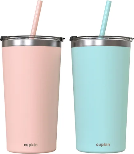 Vista 17 de CUPKIN - Taza apilable de acero inoxidable para niños, taza para batidos, tazas aisladas con recubrimiento en polvo, tapa libre de BPA y pajilla