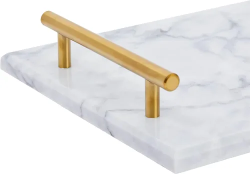 Vista 5 de Juvale Bandeja para servir de mármol, 15 x 7.5 pulgadas, rectangular, moderna, dorada y blanca, bandeja de mesa auxiliar con asas doradas