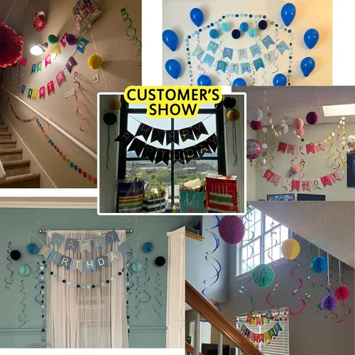 Vista 7 de Decoraciones de cumpleaños negras con pancarta de feliz cumpleaños, bolas de papel en forma de panal de abeja, guirnalda circular y decoraciones