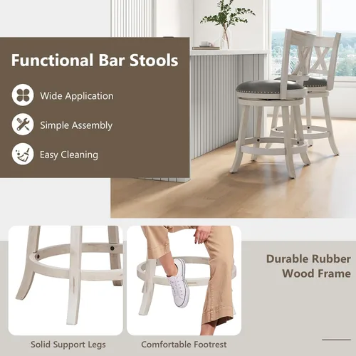 Vista 7 de COSTWAY Juego de 2 taburetes de bar para isla de cocina, taburetes giratorios de altura de mostrador sin brazos de 25.5 pulgadas con asiento