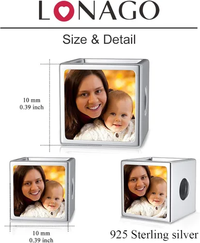 Vista 6 de LONAGO Abalorio personalizado de cuatro lados y tres caras con foto de dos caras de plata de ley 925, cuenta personalizada con capacidad para 234
