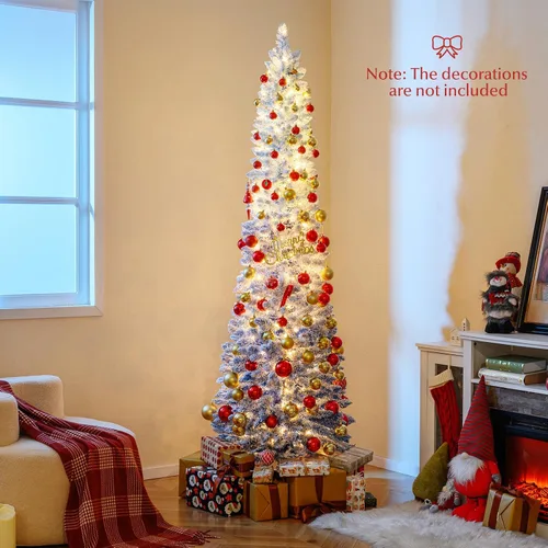 Vista 8 de Goplus Árbol de Navidad Artificial Delgado Tipo Lápiz con Bisagras de 7 Pies con Efecto Nieve Azul Degradado, Pre-Iluminado con 290 Luces LED