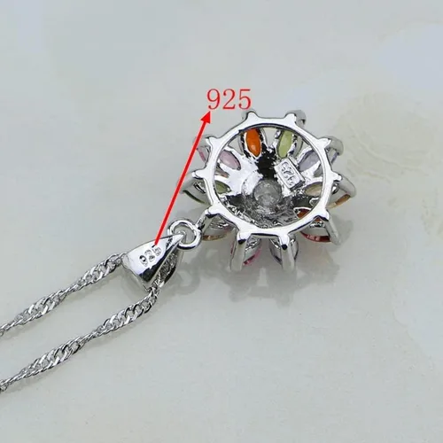 Vista 5 de Juego de joyas de plata de ley 925 con circonita cúbica multicolor para mujer, aretes, dije, collar, anillo, pulsera