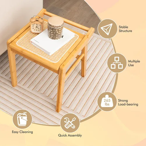 Vista 5 de CHARMAID Taburete de tocador, reposapiés otomano de bambú con asiento de ratán, almohadillas antideslizantes, banco de silla de tocador