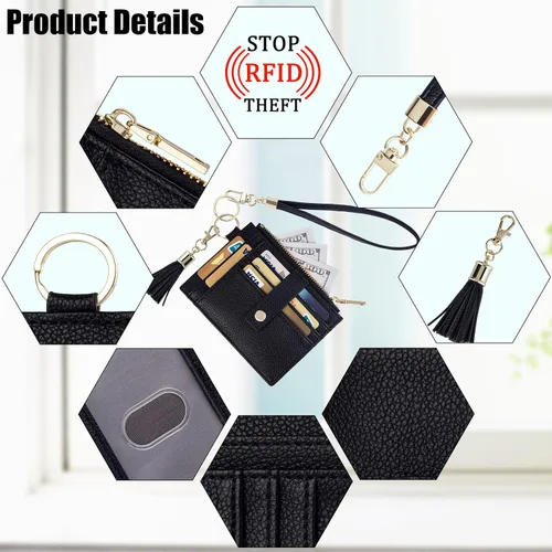 Vista 3 de Cartera con llavero de pulsera para mujer, delgada, con bloqueo Rfid, tarjetero para tarjetas de crédito, cartera de identificación con cremallera