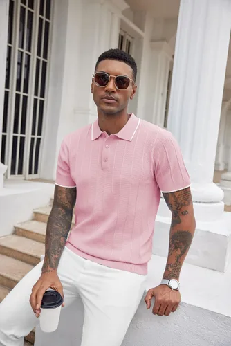 Vista 87 de COOFANDY Camisas polo de punto para hombre de manga corta con textura acanalada Camisas de golf casuales y ligeras con cuello Camiseta de polo
