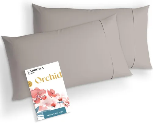 Vista 19 de Carressa Linen Juego de 2 fundas de almohada de algodón egipcio de alta densidad de hilos tamaño Queen (arena), suaves, de tejido satinado