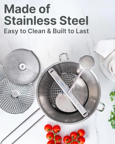 Vista 5 de Molinillo de Alimentos de Acero Inoxidable con 4 Discos Mejorado – Diseño Rotatorio Ergonómico para Salsa de Tomate, Puré de Manzana, Comida