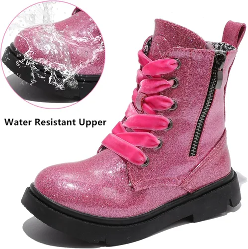 Vista 2 de DADAWEN Botas de tobillo con purpurina para niños y niñas, zapatos de combate impermeables con cremallera lateral para niños pequeños, niños grandes