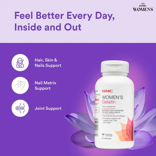 Vista 3 de GNC Suplemento de gelatina para mujer, apoya la salud del cabello, la piel y las uñas, fuente natural de colágeno, 60 cápsulas