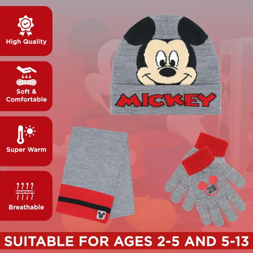 Vista 3 de Mickey Mouse - Gorro de invierno para niños bufanda y guantes de nieve juego de 3 piezas suave y cálido para exteriores para niños y niños pequeños