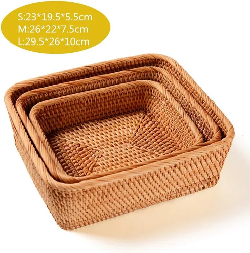 Vista 3 de Cesta rectangular hecha a mano de ratán para frutas, 9.1 pulgadas, cesta tejida a mano, bandeja de alimentos para servir, soporte organizador