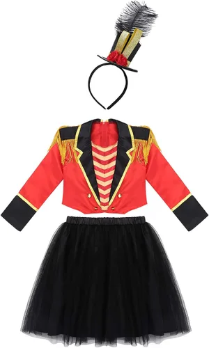 Vista 3 de Hansber Disfraz de maestro de anillo de circo vintage con borlas y falda de tutú de malla trajes de sombrero