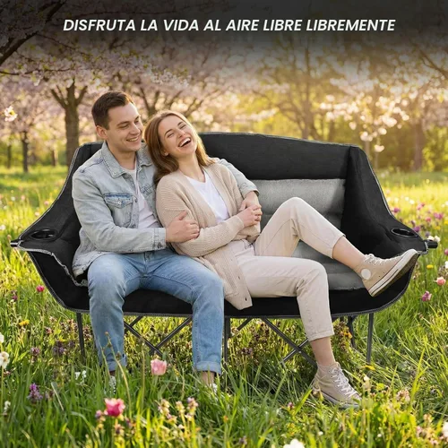 Vista 6 de Sillas de camping dobles plegables totalmente acolchadas, cómoda silla de jardín de gran tamaño con soporte para copa de vino, soporte para tazas