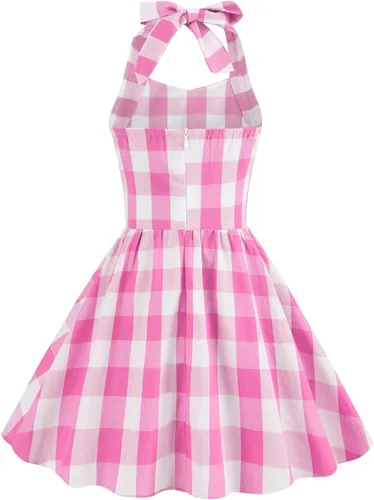 Vista 5 de IWEMEK Vestidos Mommy and Me para niñas, vestido a cuadros rosa y blanco para mujer, vestidos halter a cuadros de los años 50, vestido de cóctel