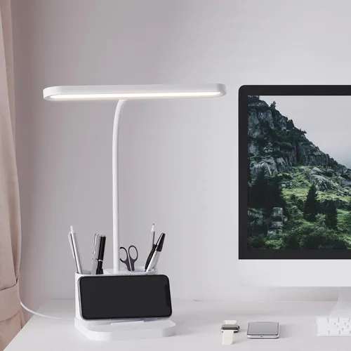 Vista 6 de AXX Lámpara de Escritorio Blanca para Dormitorio Universitario, Bonita, LED, Regulable, Pequeña, Portabolígrafos, Cuello de Ganso Flexible, Control