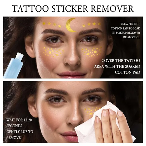 Vista 4 de 1 hoja de tatuajes faciales temporales metálicos dorados, luna celestial, estrella, pecas sintéticas, calcomanías de maquillaje, impermeables