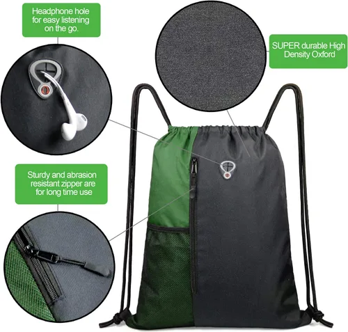 Vista 5 de Mochila con cordón, con estilo deportivo, bolsa de gimnasio para mujeres, hombres y niños, bolsa de gran tamaño con zíper y bolsillos de malla