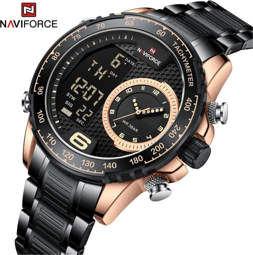 Vista 2 de NAVIFORCE Reloj para hombre, impermeable, de acero inoxidable, LED, analógico, digital, para hombre, fecha, cronómetro, alarma, reloj deportivo
