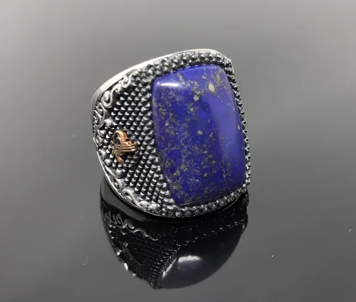 Vista 2 de KAR Anillo único de plata de ley 925 con piedra de lapislázuli, otomano, para hombre, talla K53B