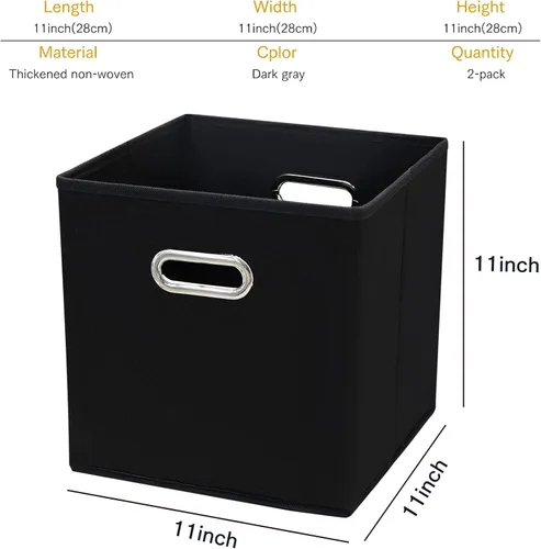 Vista 2 de Contenedores de almacenamiento plegables de 11 pulgadas, cubos de tela negra con asa para armario o caja plegable, juego de 2 unidades de 11 x 11 x