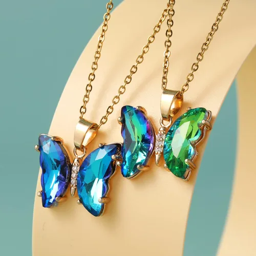 Vista 6 de BONJOULRY Butterfly Crystal Necklace for Women Teen Girls 14K Gold Stainless Steel Butterfies Birthston Pendant Choker Necklaces Aesthetic