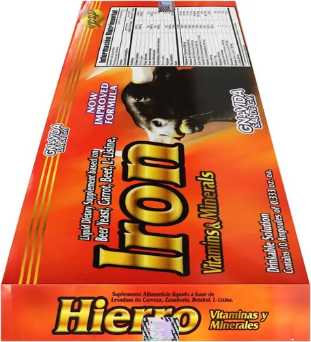 Vista 2 de Hierro Suplemento Dietético Líquido – Hierro con levadura de cerveza, zanahoria, remolacha y L-lisina – Vitaminas y Minerales – 10 ampollas x 0.3 fl