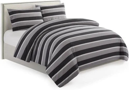 Vista 8 de Marina Decoration Juego de funda de edredón de 3 piezas con 2 fundas de almohada, diseño de rayas negras y grises, tamaño doble/matrimonial