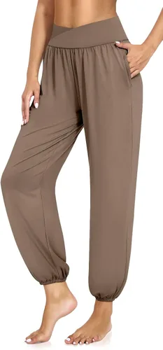 Vista 2 de UEU Pantalones deportivos de yoga con bolsillos para mujer, estilo harem cruzado, cintura alta, holgados, casuales, para descansar, para descansar