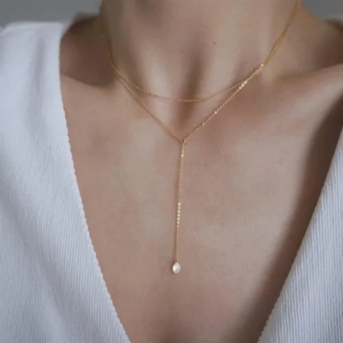 Vista 3 de Necocy Collares largos para mujer, chapado en oro de 14 quilates, collar de barra circular de perlas de circonita cúbica en forma de Y, collar