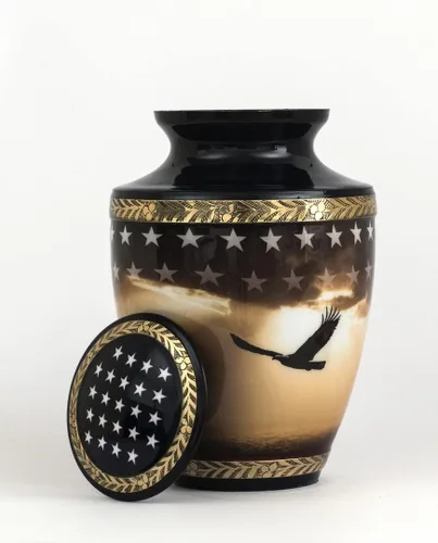 Vista 2 de Urna de cremación patriótica para cenizas humanas para adultos, macho, funeraria azul marino, recipiente de cremación para veteranos estadounidenses