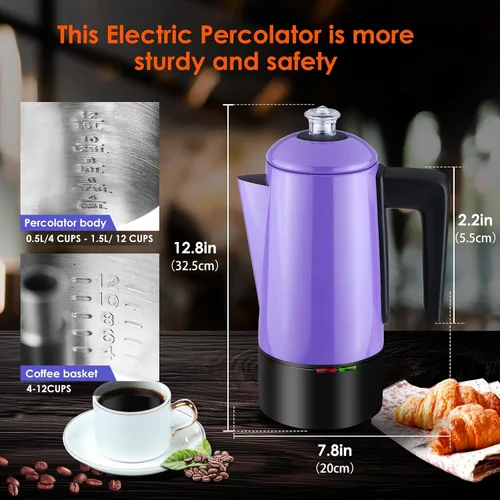 Vista 2 de Percolador de café eléctrico de 12 tazas Percolator Cafetera de acero inoxidable con perilla transparente, mango de tacto frío, función