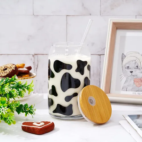 Vista 3 de Whaline Paquete de 2 vasos de bebida de vaca de 16 onzas con estampado de vaca, taza de café helado de vaca con tapas, cepillos de limpieza
