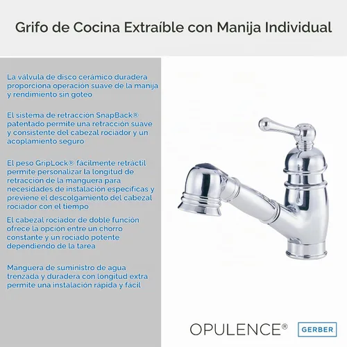 Vista 3 de Gerber Plumbing Opulencia - Grifo de cocina extraíble con retroceso SnapBack Cromado