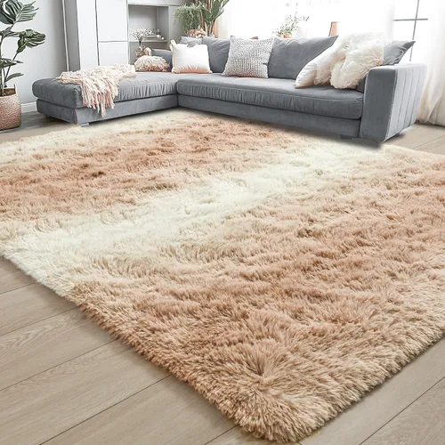 Vista 8 de Noahas Alfombras de Área Grandes y Esponjosas de 5x8 pies para Sala de Estar y Dormitorio, Alfombra Gruesa de Pelo Largo Beige y Blanca, Alfombra
