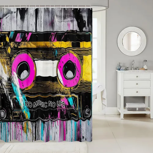Vista 2 de Feelyou Cortina de ducha musical para decoración de baño, cinta de casete, cortina de baño de música, accesorios de baño, tela de poliéster