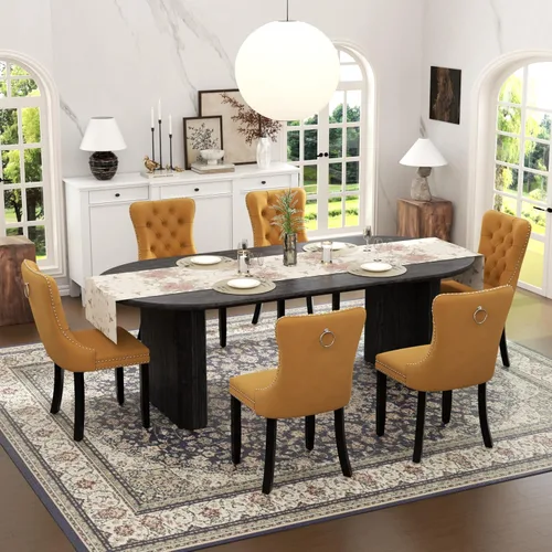 Vista 23 de Juego de mesa de comedor ovalada extensible con 4 sillas tapizadas de terciopelo de alta gama, mesa de cocina de 59 a 91 pulgadas y sillas