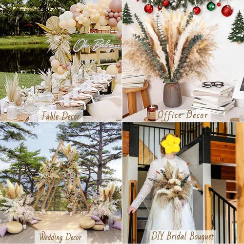 Vista 5 de 110 piezas de decoración de hierba seca de las pampas, pompas secas naturalmente, colas de conejo secas, flores secas con eucalipto seco, decoración